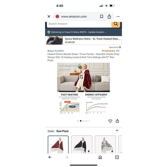 NIB Ploath Electric Blanket Shawl: Throw Poncho - Wearable Hoodie Sherpa plaid - Picture 2 of 9